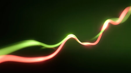 A captivating abstract image showcasing smooth glowing waves in red and green against a dark background, creating a dynamic and vibrant atmosphere ideal for various design projects.の素材
