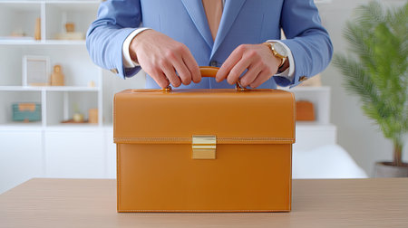 A stylish businessman holds a tan leather briefcase in a modern office setting. The elegant design complements a professional atmosphere, enhancing productivity.の素材