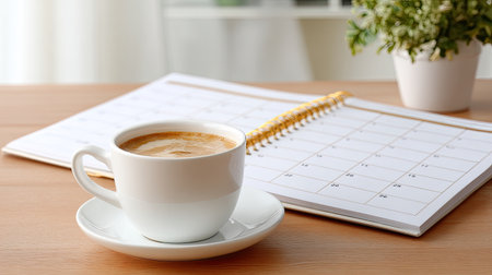 A serene image featuring a warm cup of coffee on a saucer, with a calendar laid out on a wooden table, creating an inviting workspace atmosphere.の素材