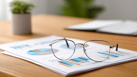 A pair of stylish glasses rests on a stack of business reports featuring colorful charts and statistics, set on a clean wooden desk in a bright office.の素材