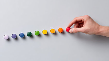 A hand reaches for a vibrant red paint pot among a colorful lineup of paint containers on a smooth light gray background, showcasing artistic potential.の素材