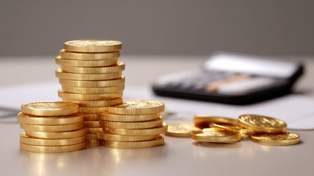A close-up view of stacked gold coins on a table, accompanied by a calculator in the background, illustrating financial planning, investment strategies, and wealth management concepts.の素材