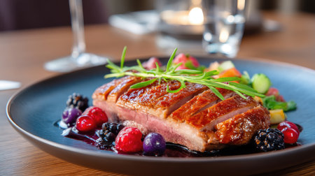 A beautifully plated gourmet grilled duck breast rests on a dark plate, surrounded by fresh berries and colorful vegetables, showcasing culinary artistry.の素材