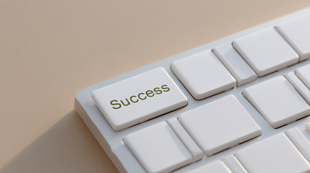 A close-up view of a white keyboard with a prominent key labeled "Success," symbolizing achievement and motivation in a professional workspace.の素材