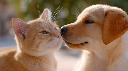 A heartwarming scene showcasing a golden retriever puppy and a ginger cat in a tender moment. With their noses almost touching, they depict a deep bond, surrounded by soft, natural light that enhances their adorable features.の素材