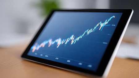 A tablet rests on a wooden table displaying a financial growth chart with vibrant data points. This image symbolizes modern analytics and investment trends in a professional environment.の素材