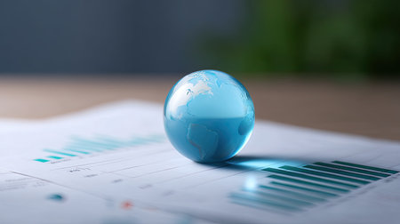 A mesmerizing blue globe sits atop financial documents, showcasing charts and graphs. This image symbolizes global finance, data analysis, and strategic insights in a professional office environment.の素材