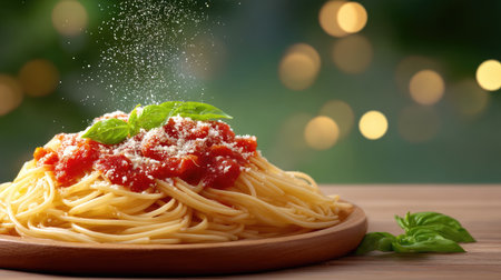 This captivating image features a plate of spaghetti topped with rich tomato sauce and sprinkled with cheese and fresh basil, perfect for showcasing Italian cuisine.の素材