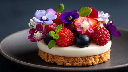 A beautiful dessert featuring a creamy base topped with an array of fresh berries and vibrant edible flowers, resting on a crumbled cookie base.の素材