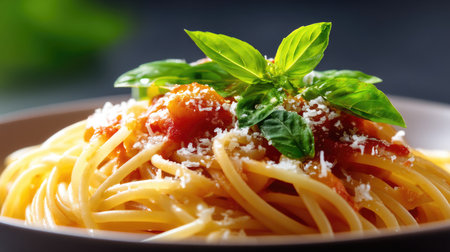This image showcases a bowl of spaghetti topped with rich tomato sauce and fresh basil leaves, offering a vibrant and appetizing presentation ideal for food lovers.の素材