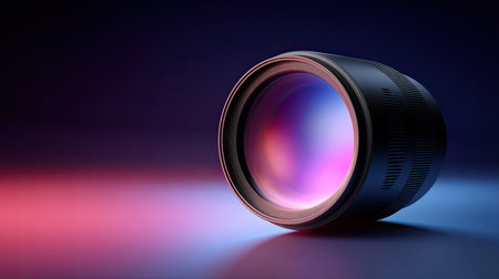 A vivid close-up image of a professional camera lens set against a softly lit backdrop, showcasing colorful reflections and smooth contours, perfect for photography enthusiasts.の素材