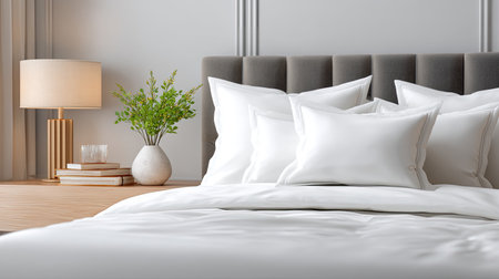 A tranquil bedroom setting showcases crisp white bedding and a stylish grey headboard, complemented by decorative pillows and a tasteful lamp.の素材