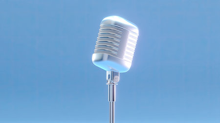 This image features a polished retro microphone atop a sleek silver stand against a soft blue background. Ideal for themes in music, podcasting, or broadcasting, this visual combines elegance and nostalgia, perfect for creative projects.の素材