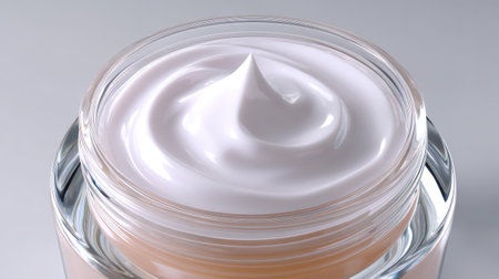Exquisite close-up view of a creamy moisturizing cream in a clear glass jar, showcasing its smooth texture and rich appearance against a soft background.の素材