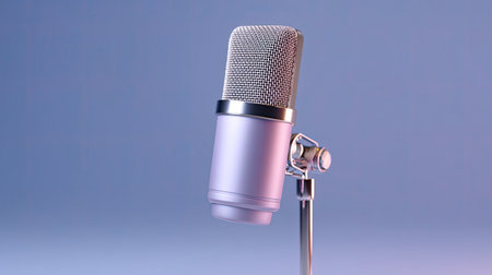A close-up of a modern microphone mounted on a sleek stand, set against a soft blue backdrop, perfect for capturing audio in various projects.の素材
