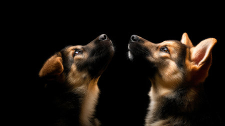 This stunning image features two puppies with inquisitive expressions gazing upward. Perfect for themes of friendship, innocence, and pet companionship.の素材