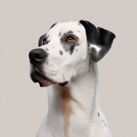 This portrait features a majestic Great Dane with a striking spotted coat, showcasing its unique personality and gentle demeanor against a neutral backdrop.の素材