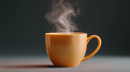 This image features a cozy orange cup filled with a steaming hot beverage against a simple gray background. The warm tones evoke relaxation and comfort, perfect for cozy moments.の素材
