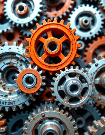This close-up image features a vibrant arrangement of colorful gears, showcasing intricate metal textures and mechanical elements, perfect for industrial themes.の素材
