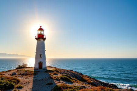 Stunning view of a lighthouse standing tall by the ocean during sunset, featuring vibrant skies and calm waters, showcasing nature's beauty.の素材