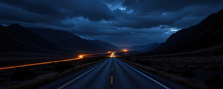 A serene road stretches through a mountainous landscape under dramatic twilight clouds, illuminated by glowing light trails, evoking tranquility and adventure.の素材