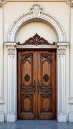 This image showcases an elegant wooden double door featuring intricate carvings, set within a classic architectural design. The rich texture and craftsmanship highlight traditional artistry.の素材
