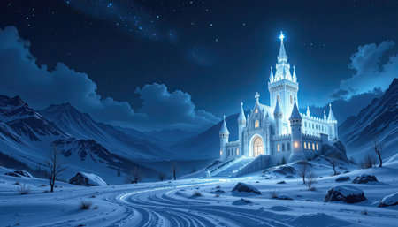 A picturesque winter scene featuring a majestic castle illuminated against a clear, starry night sky. The serene snowy landscape evokes a magical, dreamlike atmosphere.の素材
