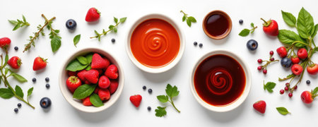 A stunning arrangement of fresh berries, vibrant greens, and different sauces on a white background, perfect for cooking inspiration and culinary visuals.の素材
