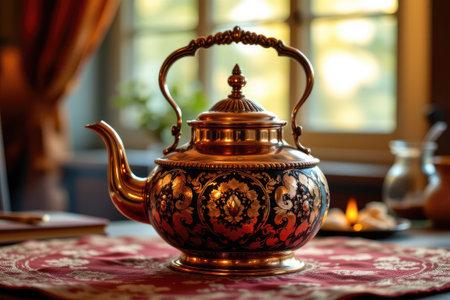 This image showcases an ornate vintage teapot resting on a beautifully decorative table, exuding warmth and a cozy atmosphere perfect for tea time.の素材