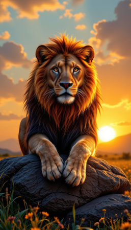 A majestic lion poses on a rock during a breathtaking sunset, showcasing its thick mane and piercing eyes against a vibrant, colorful sky.の素材