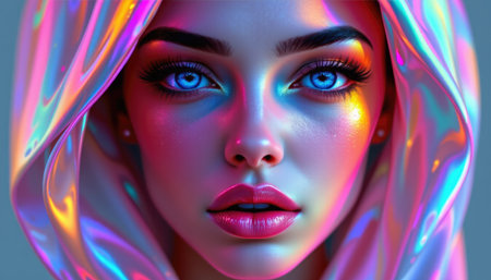 This stunning portrait features a young woman with captivating blue eyes and a colorful shiny hood. The ethereal quality highlights her beauty.の素材