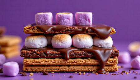 A delectable s'mores dessert stack featuring layers of graham crackers, rich chocolate, toasted marshmallows, and a vibrant purple backdrop, perfect for food lovers.の素材