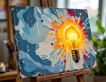 This captivating artwork features a glowing light bulb surrounded by vibrant splashes of color on a textured canvas, symbolizing creativity and inspiration.の素材