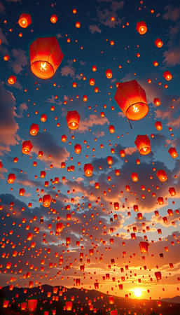 A breathtaking scene of hundreds of glowing lanterns gently floating into a vibrant sky at dusk, creating a magical atmosphere with a stunning sunset backdrop.の素材
