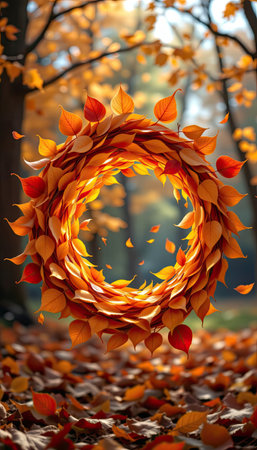 A stunning circular wreath made of vibrant autumn leaves floats gracefully in a sunlit forest, surrounded by a blurred backdrop of golden foliage, capturing the essence of seasonal beauty.の素材