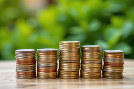 A collection of stacked coins arranged neatly on a wooden surface. The blurred green background adds a natural touch, symbolizing growth and financial prosperity.の素材