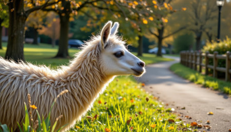 A captivating image of a white llama standing gracefully in a sunlit park adorned with autumn leaves, showcasing its fluffy fur and serene expression.の素材