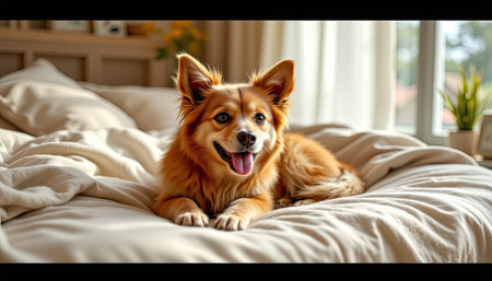 A cheerful dog lounging on a soft bed, bathed in natural light, radiating warmth and joy, perfect for capturing the essence of home and comfort.の素材