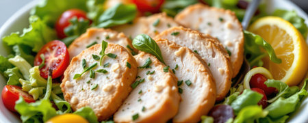 A vibrant and appetizing salad featuring sliced chicken breast, fresh greens, cherry tomatoes, and a lemon wedge, perfect for healthy meals.の素材