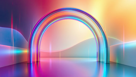This captivating image showcases a vibrant neon archway set in an abstract colorful space, illuminated by soft lighting and a gradient background, evoking a sense of wonder and creativity.の素材