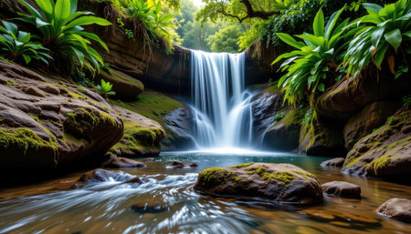 Experience the beauty of a serene waterfall surrounded by lush greenery and moss-covered rocks, creating a peaceful oasis in nature.の素材