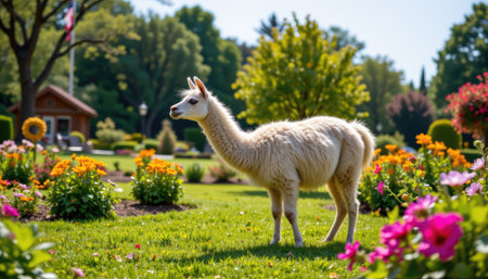 A delightful white alpaca stands gracefully amidst a colorful flower bed, showcasing the beauty of nature in a vibrant garden scene. Perfect for animal lovers.の素材