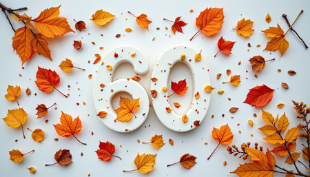 A vibrant autumn-themed arrangement featuring the number sixty crafted from white material, surrounded by colorful maple leaves and natural elements, ideal for celebrations.の素材