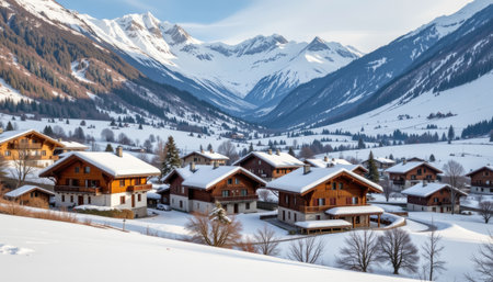 A beautiful winter landscape featuring cozy, snow-covered chalets nestled in a serene valley, surrounded by stunning mountains under a clear blue sky.の素材