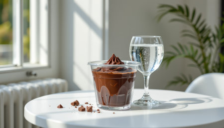A visually appealing chocolate mousse dessert presented in a clear glass beside a chilled glass of water, set on a bright and inviting table by the window.の素材