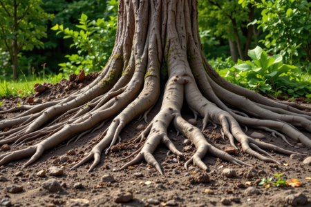 This striking image captures the intricate details of tree roots emerging from the earth, showcasing the connection between the tree and its natural environment in a peaceful setting.の素材