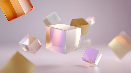 A captivating scene of colorful translucent cubes gracefully floating in a modern space. The soft lighting illuminates the smooth surfaces, creating a dreamy and artistic atmosphere. Perfect for backgrounds and design projects.の素材