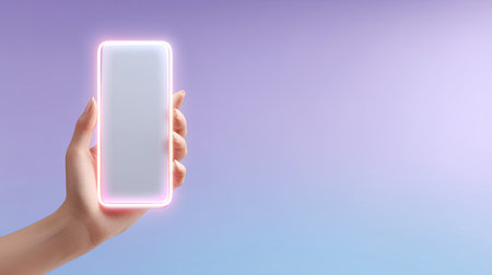 A modern smartphone is held in a hand against a vibrant gradient background. The blank screen provides an ideal space for customization, perfect for technology and advertising use.の素材