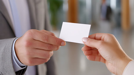 A dynamic scene of business professionals exchanging a blank business card in a contemporary workspace, highlighting networking and communication.の素材