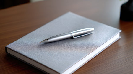 A stylish silver notebook paired with a sleek pen rests elegantly on a wooden desk, perfect for capturing ideas and notes in both office and home settings.の素材